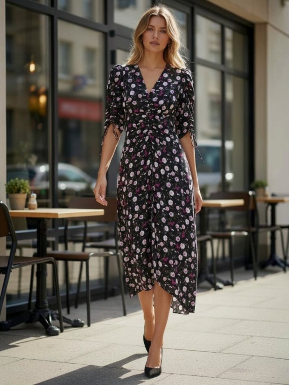 The Kooples Black Floral Silk Midi Dress Size 4 | Romantic Luxe Cocktail Party S